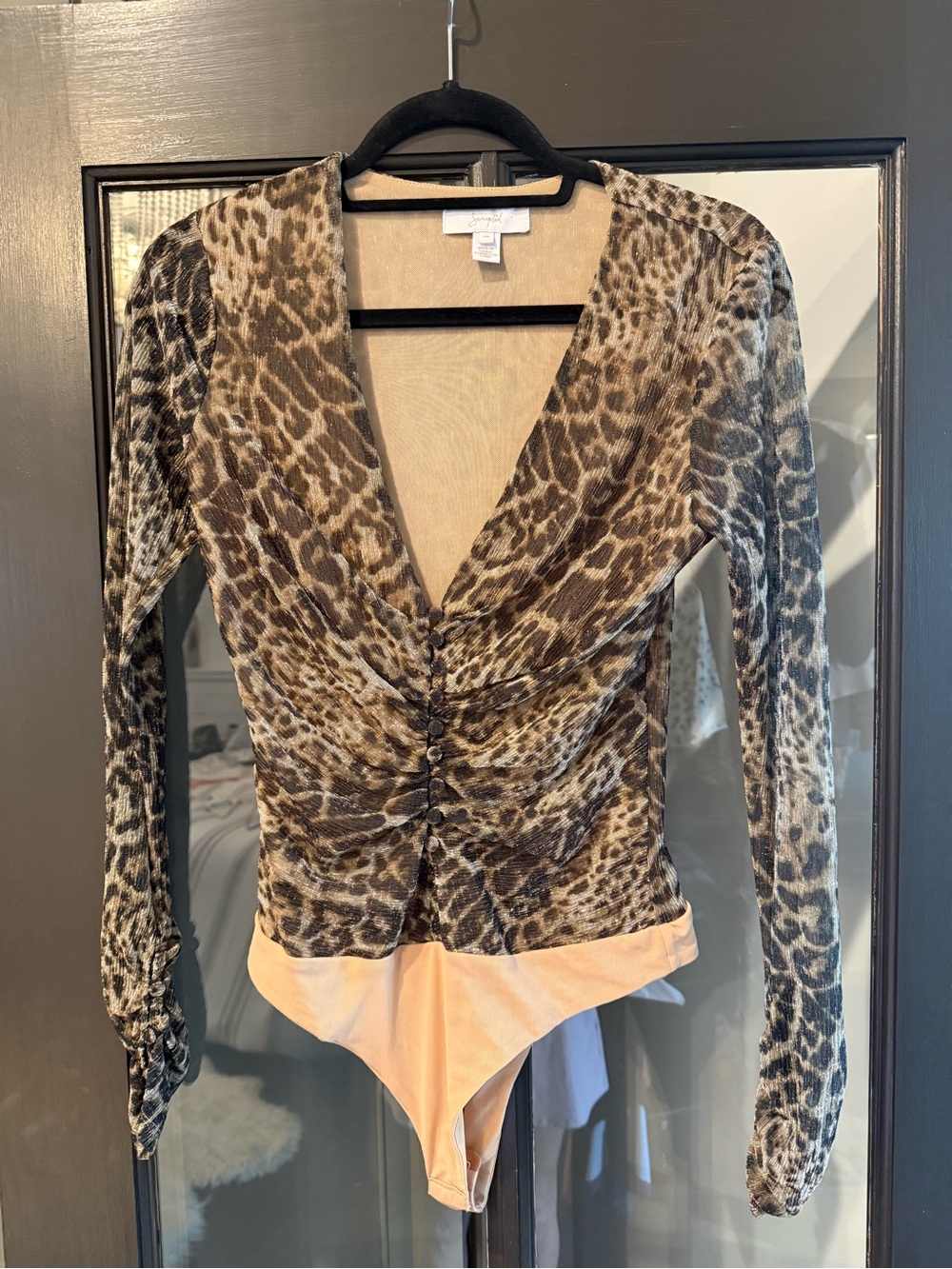 Scripted Animal Print Long-Sleeve Bodysuit in Brown - S